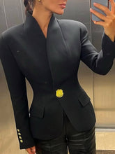 Aurohaya Women's Short Office Blazer Black with Gold Buttons V-Neck Sizeur Jacket